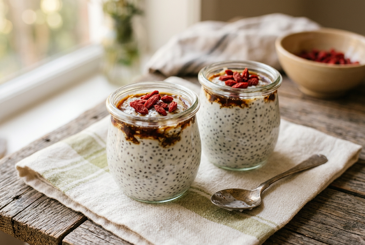 Budincă de chia cu cocos și sirop de curmale