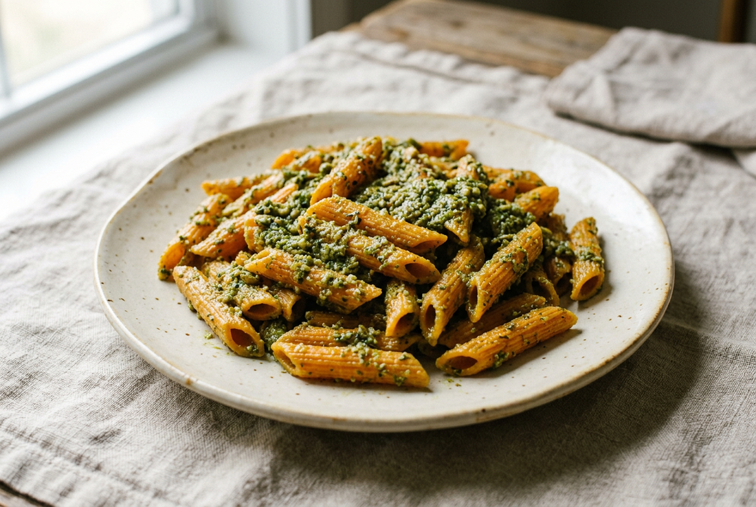 Penne cu morcovi și pesto din semințe de dovleac