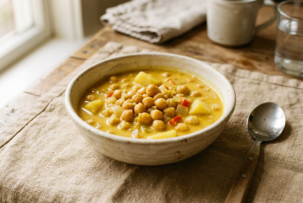 Supă de năut cu curry și cremă de cocos