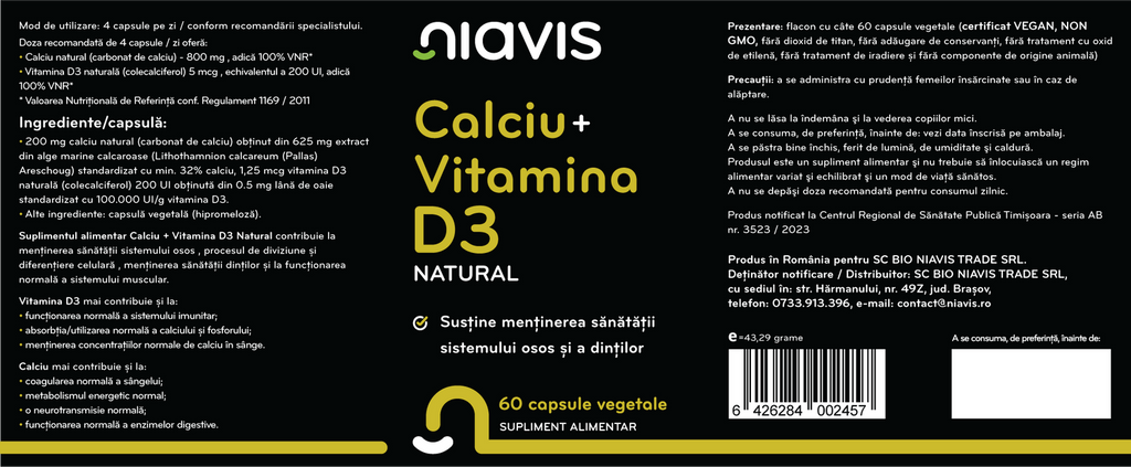 Calciu + Vitamina D3 Natural 60 cps