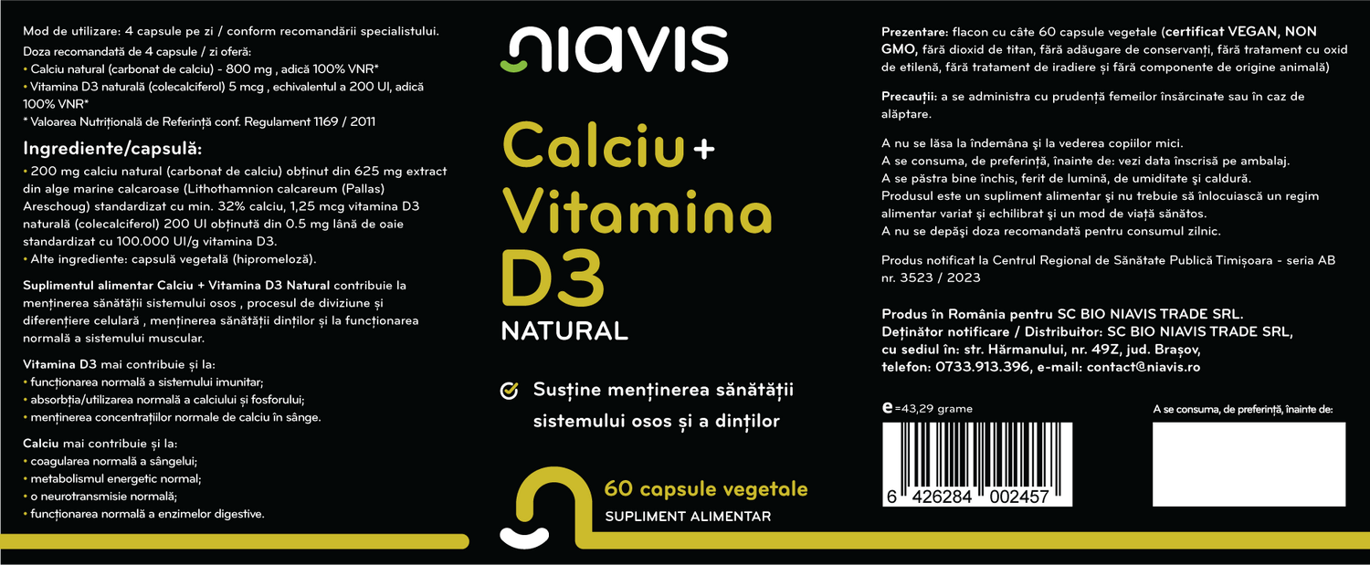Calciu + Vitamina D3 Natural 60 cps