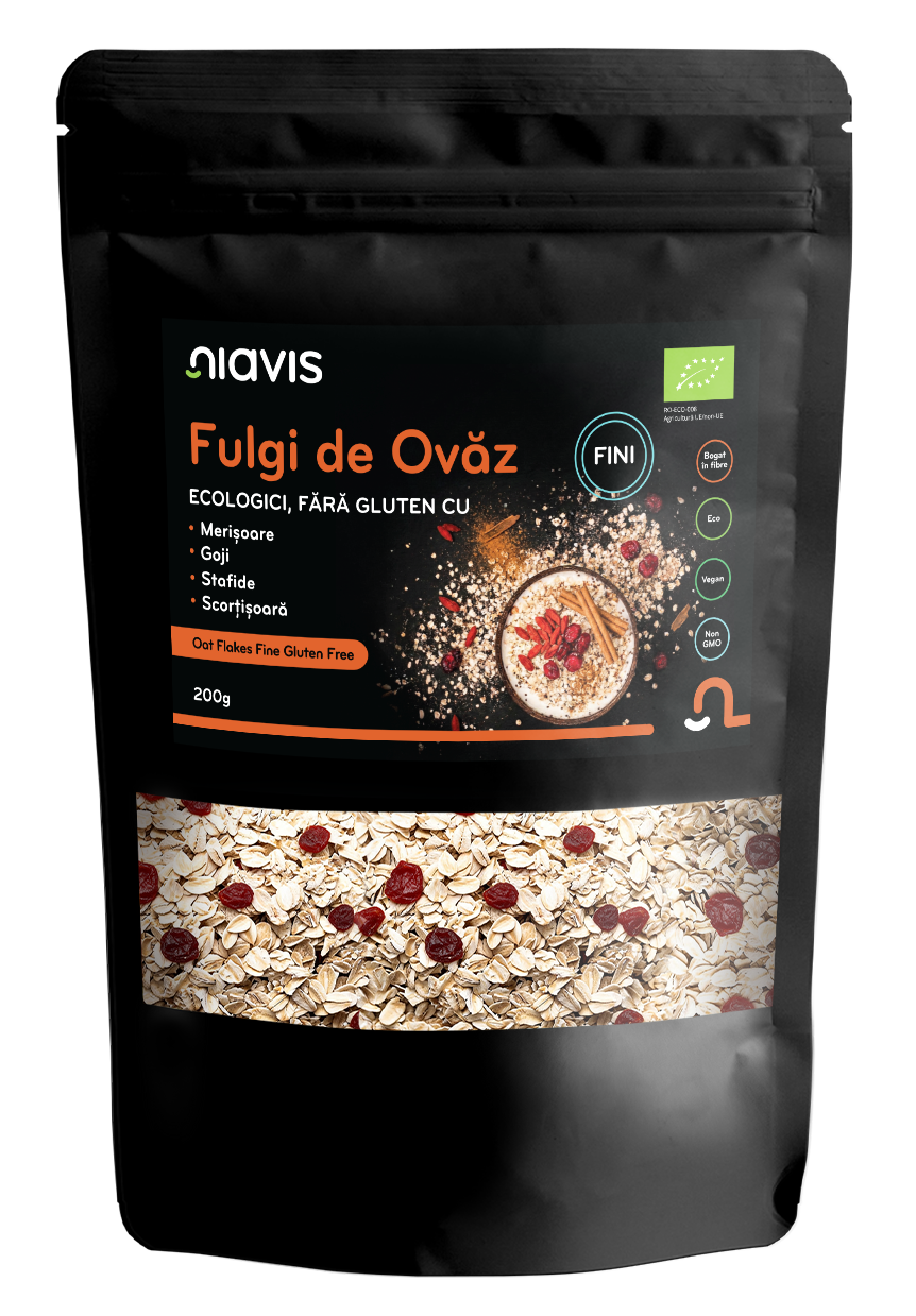 Fulgi de Ovaz Fini Fara Gluten cu Merisoare, Goji, Stafide si Scortisoara Ecologici/Bio 200g - Niavis