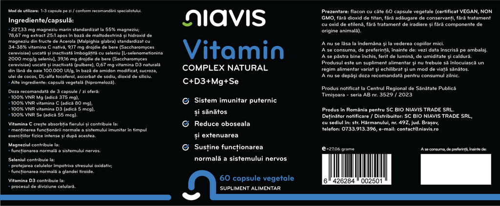 Vitamin Complex Natural C+D3+Mg+Se 60 cps