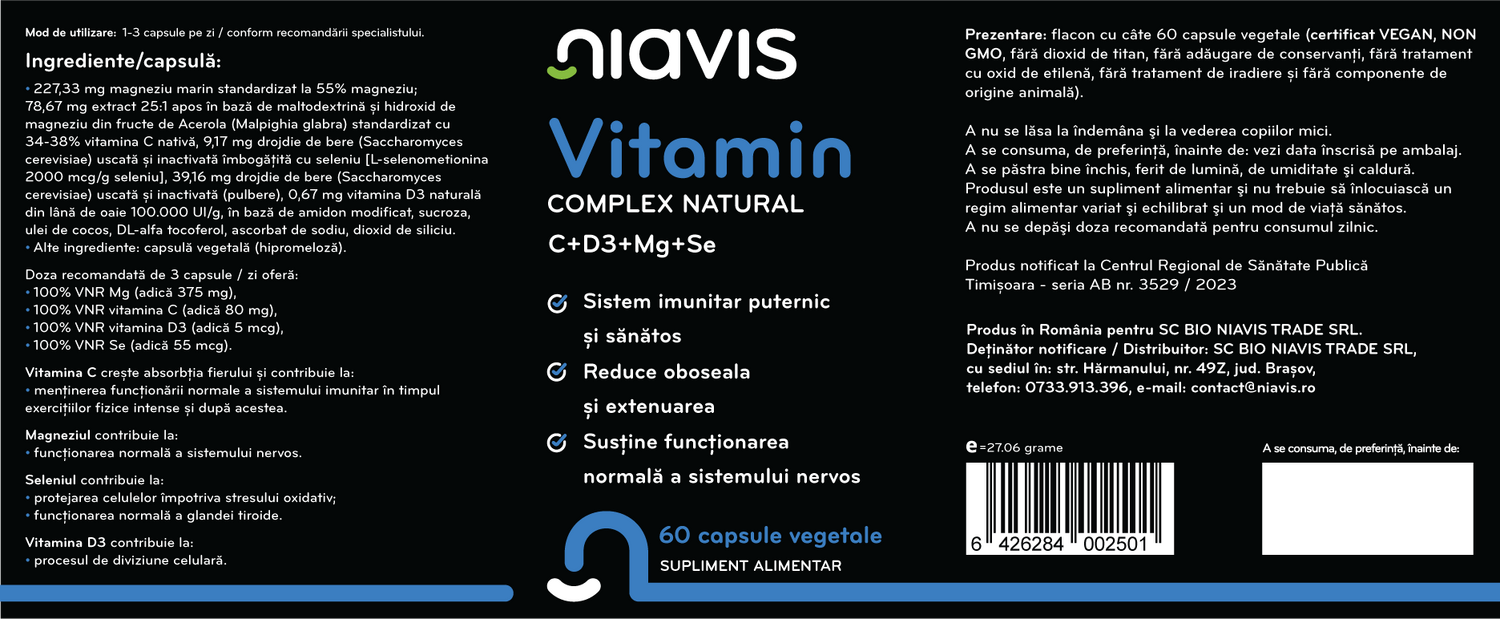 Vitamin Complex Natural C+D3+Mg+Se 60 cps