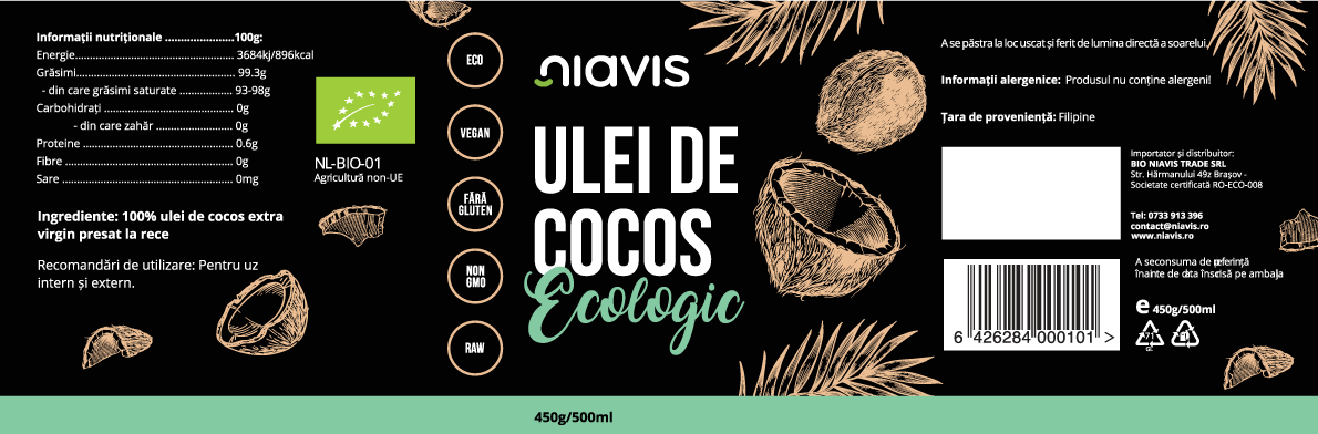 Ulei de Cocos Extra Virgin Ecologic/BIO 450g/500ml