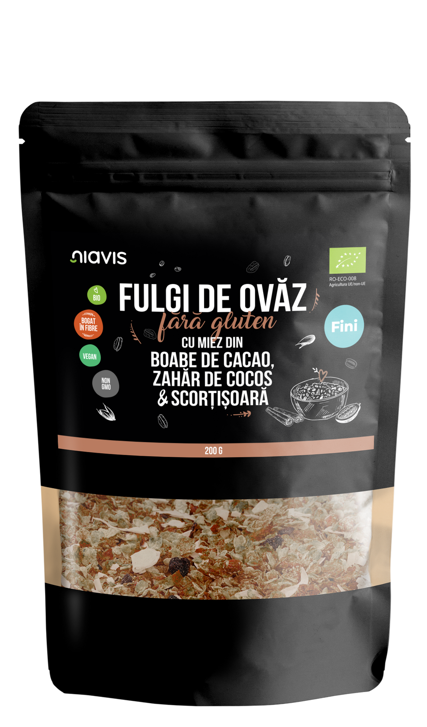 Fulgi de Ovaz Fini Fara Gluten cu Miez din Boabe de Cacao, Zahar de Cocos si Scortisoara Ecologici/Bio 200g - Niavis