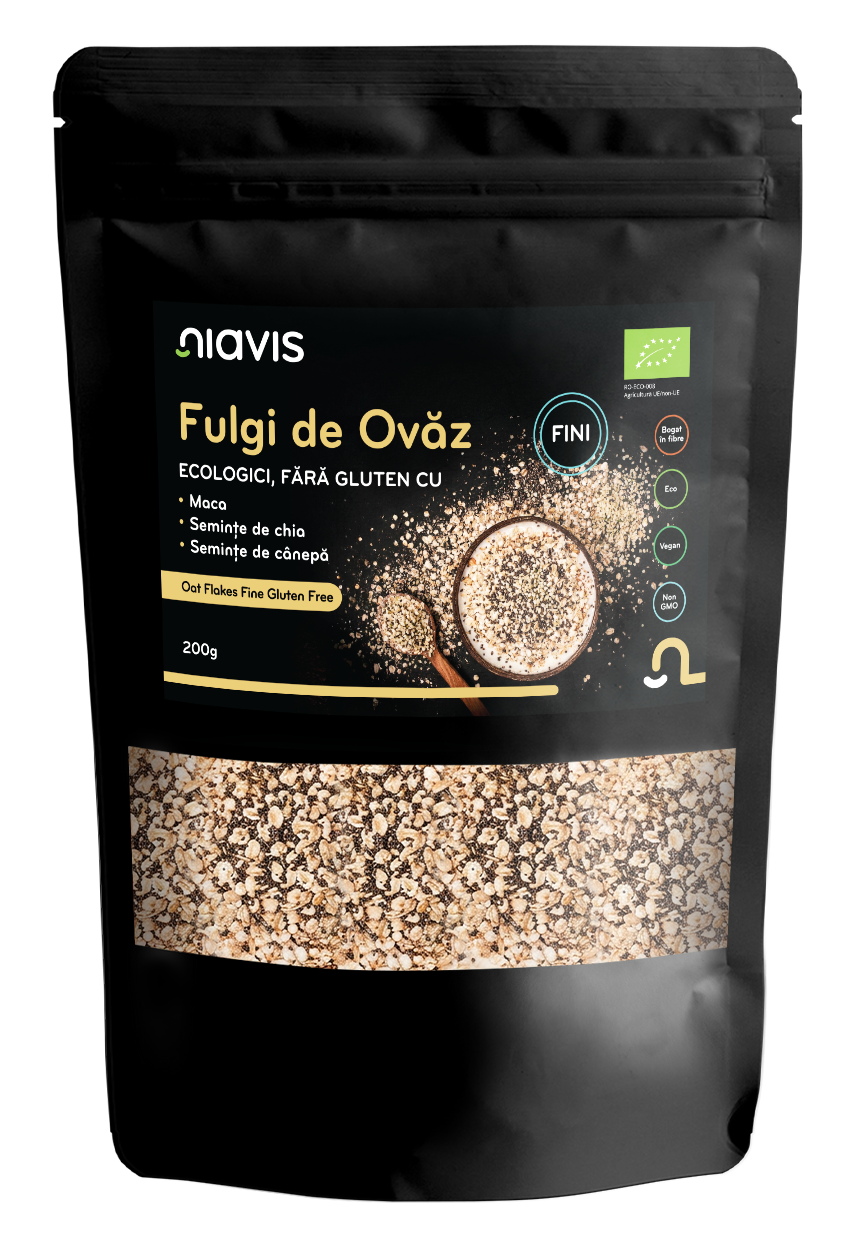Fulgi de Ovaz Fini Fara Gluten cu Maca, Chia si Seminte de Canepa Ecologici/Bio 200g - Niavis