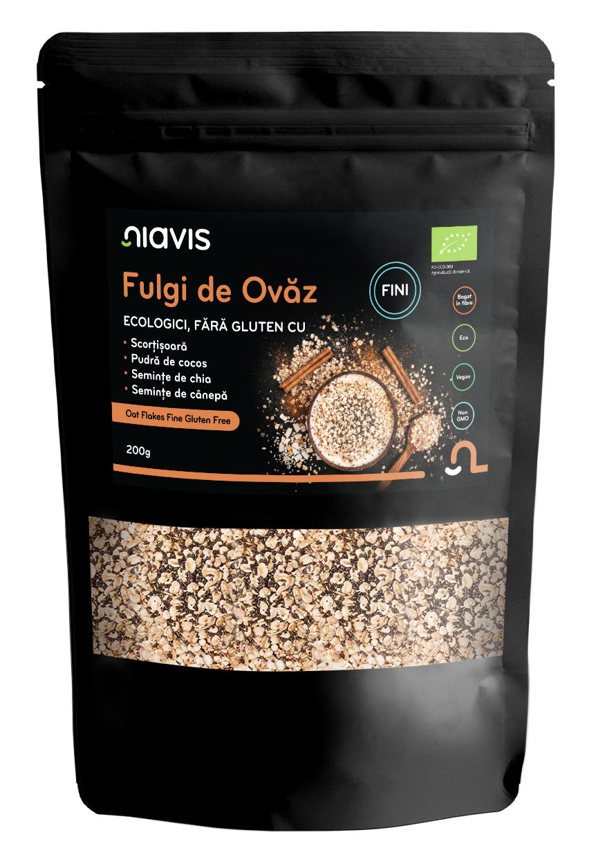 Fulgi de Ovaz Fini Fara Gluten cu Scortisoara, Pudra de Cocos, Chia si Seminte de Canepa Ecologici/Bio 200g - Niavis
