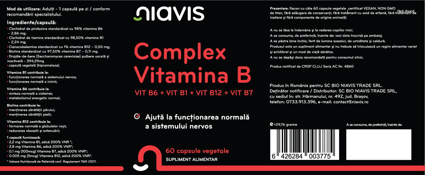 Vitamina B Complex - Vit B6 + Vit B1 + Vit B12 + Vit B7 60CPS