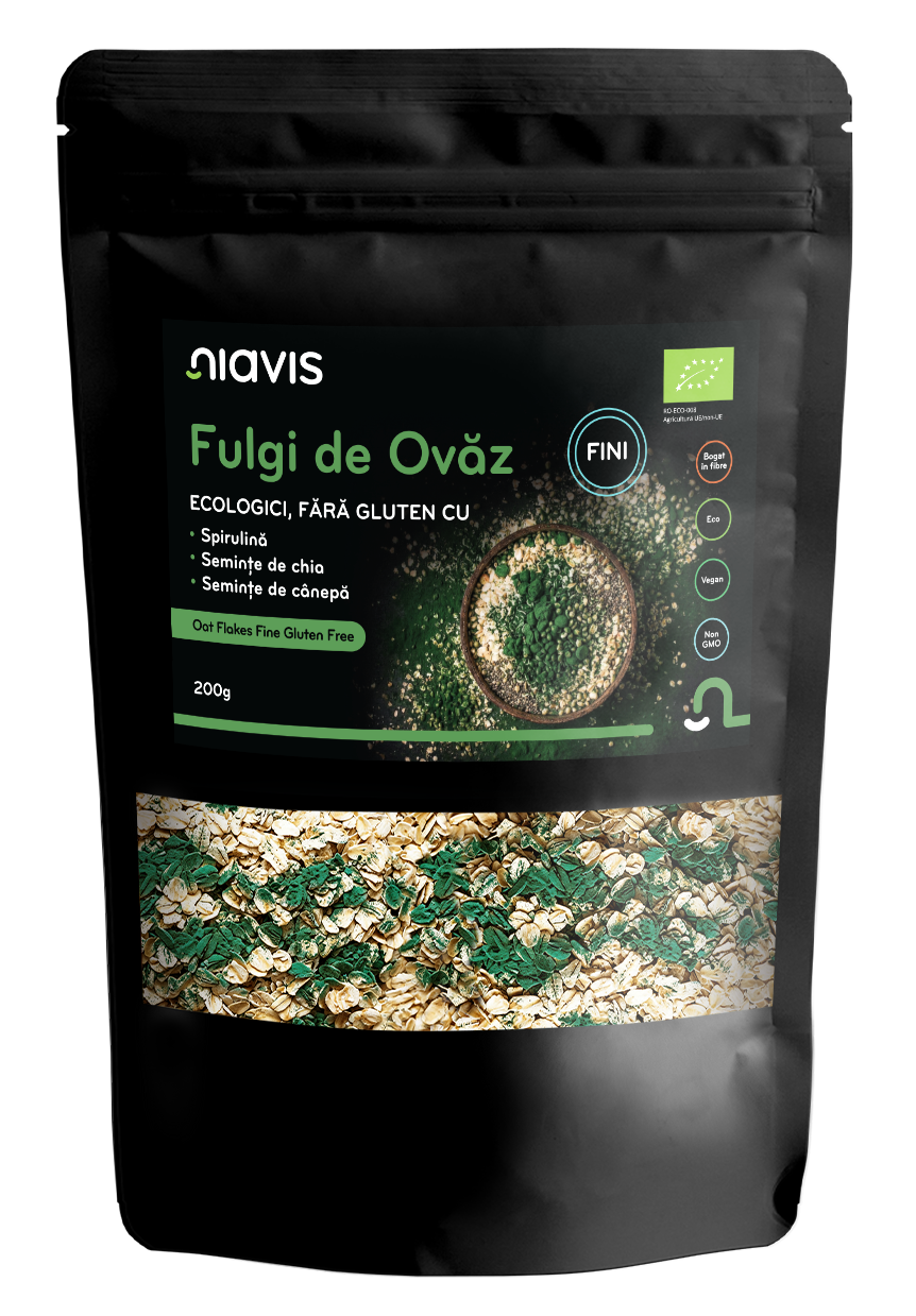 Fulgi de Ovaz Fini Fara Gluten cu Spirulina, Chia si Seminte de Canepa Ecologici/Bio 200g - Niavis