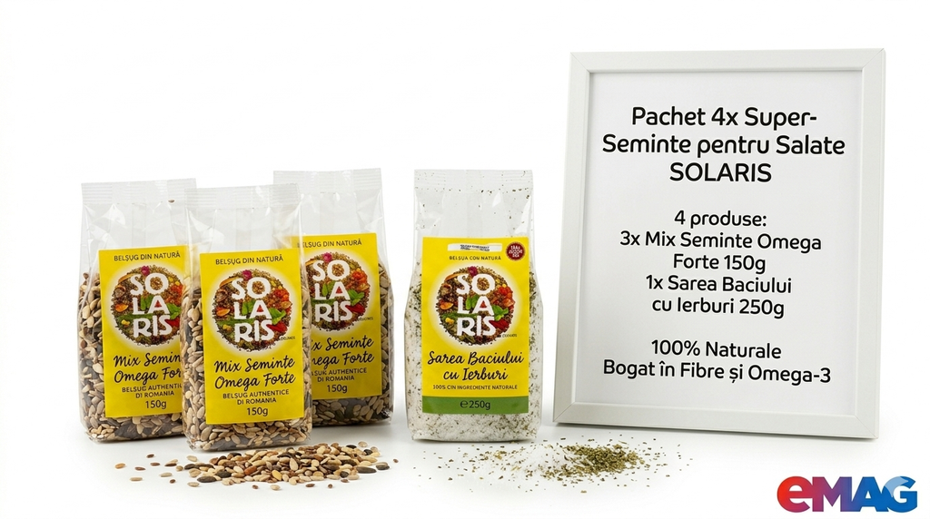 Pachet 4x Super-Seminte pentru Salate SOLARIS, 4 produse: 3x Mix Seminte Omega Forte 150g si 1x Sarea Baciului cu Ierburi 250g, 100% Naturale, Bogat in Fibre si Omega-3