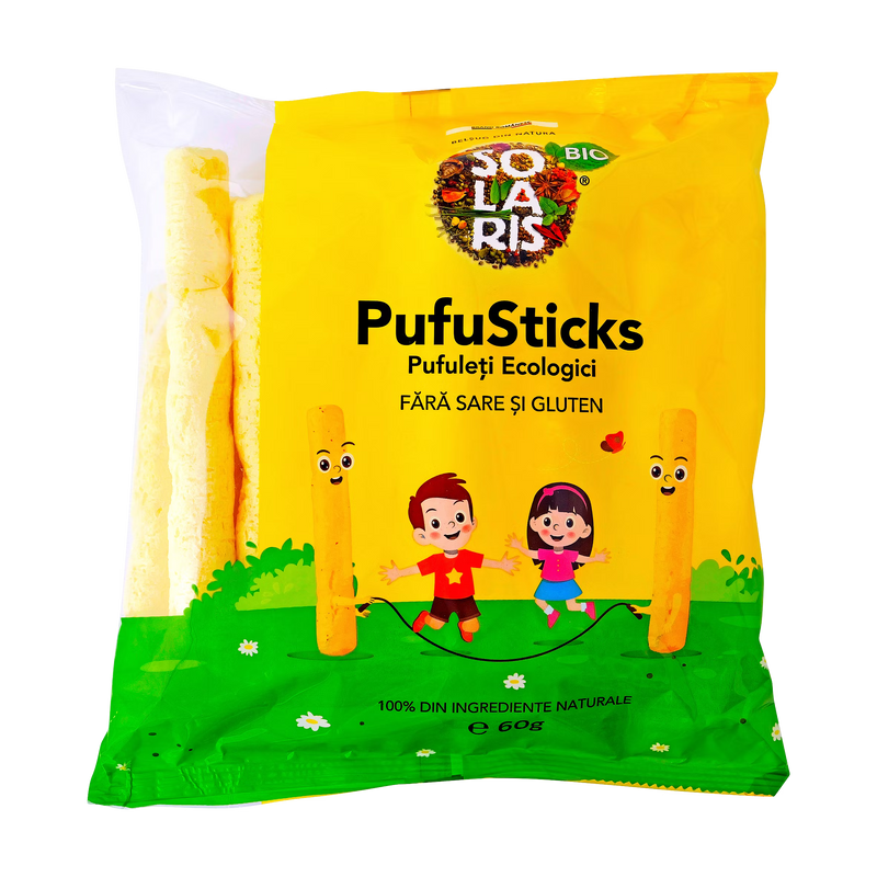 Pachet 7x Gustari Sanatoase pentru Copii SOLARIS: 3x Pufuleti Pufusticks fara sare 45g, 2x Biscuiti Animalute Vesele 100g, 2x Batoane de Susan cu Miere 30g, 100% Naturale, fara E-uri