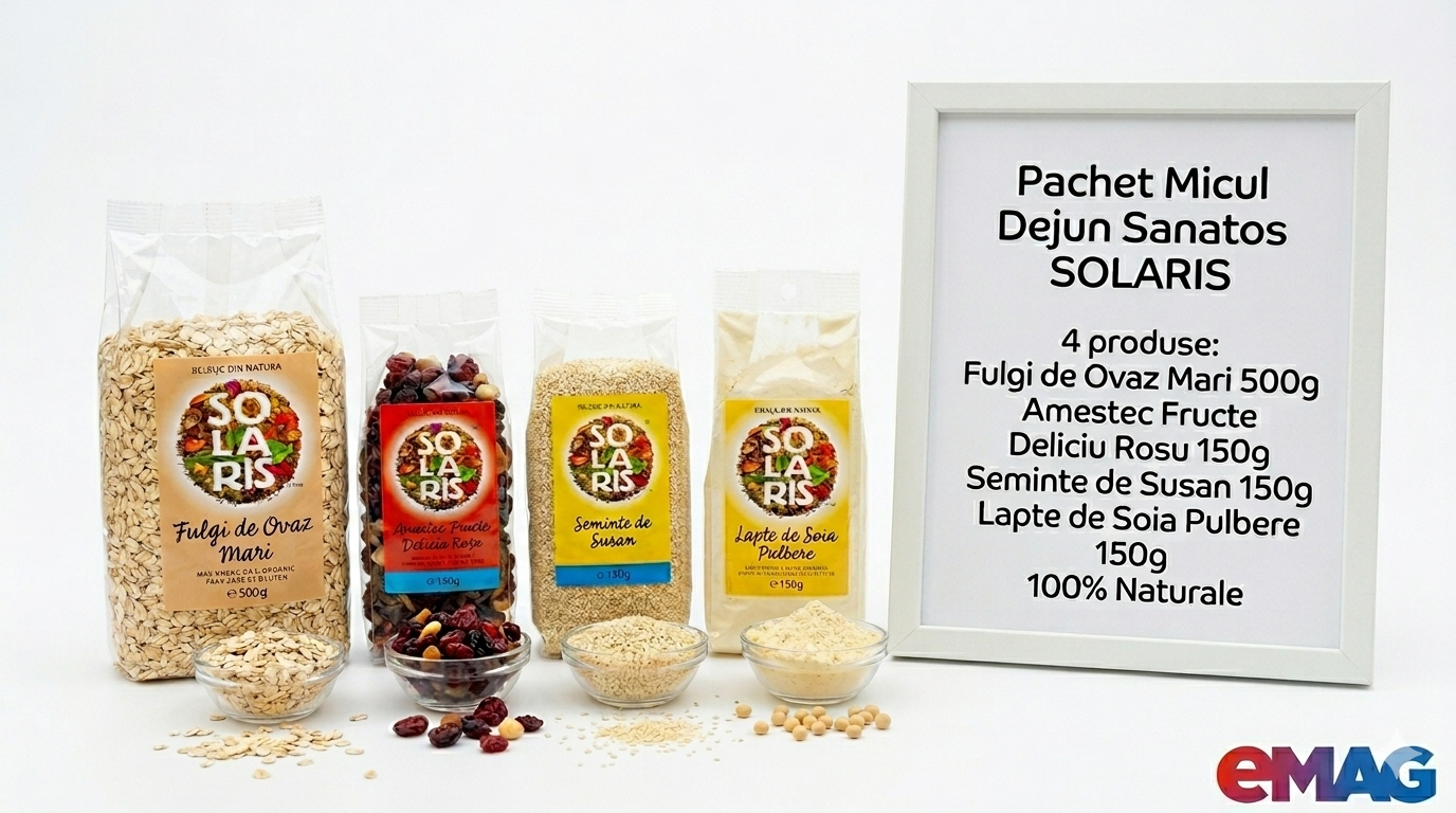 Pachet Micul Dejun Sanatos SOLARIS, 4 produse: Fulgi de Ovaz extra fini 400g, Amestec Fructe Deliciu Rosu 125g, Seminte de Susan 150g, Lapte de Soia Pulbere 100g, 100% Naturale