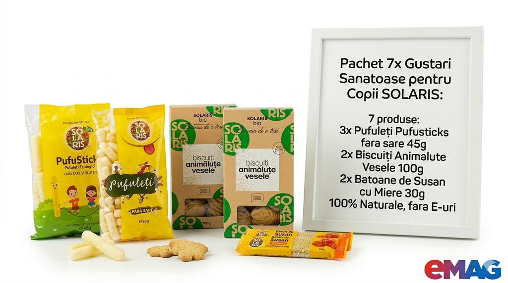 Pachet 7x Gustari Sanatoase pentru Copii SOLARIS: 3x Pufuleti Pufusticks fara sare 45g, 2x Biscuiti Animalute Vesele 100g, 2x Batoane de Susan cu Miere 30g, 100% Naturale, fara E-uri
